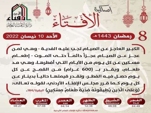 الإفتاء: الكبير العاجز عن الصيام تجب