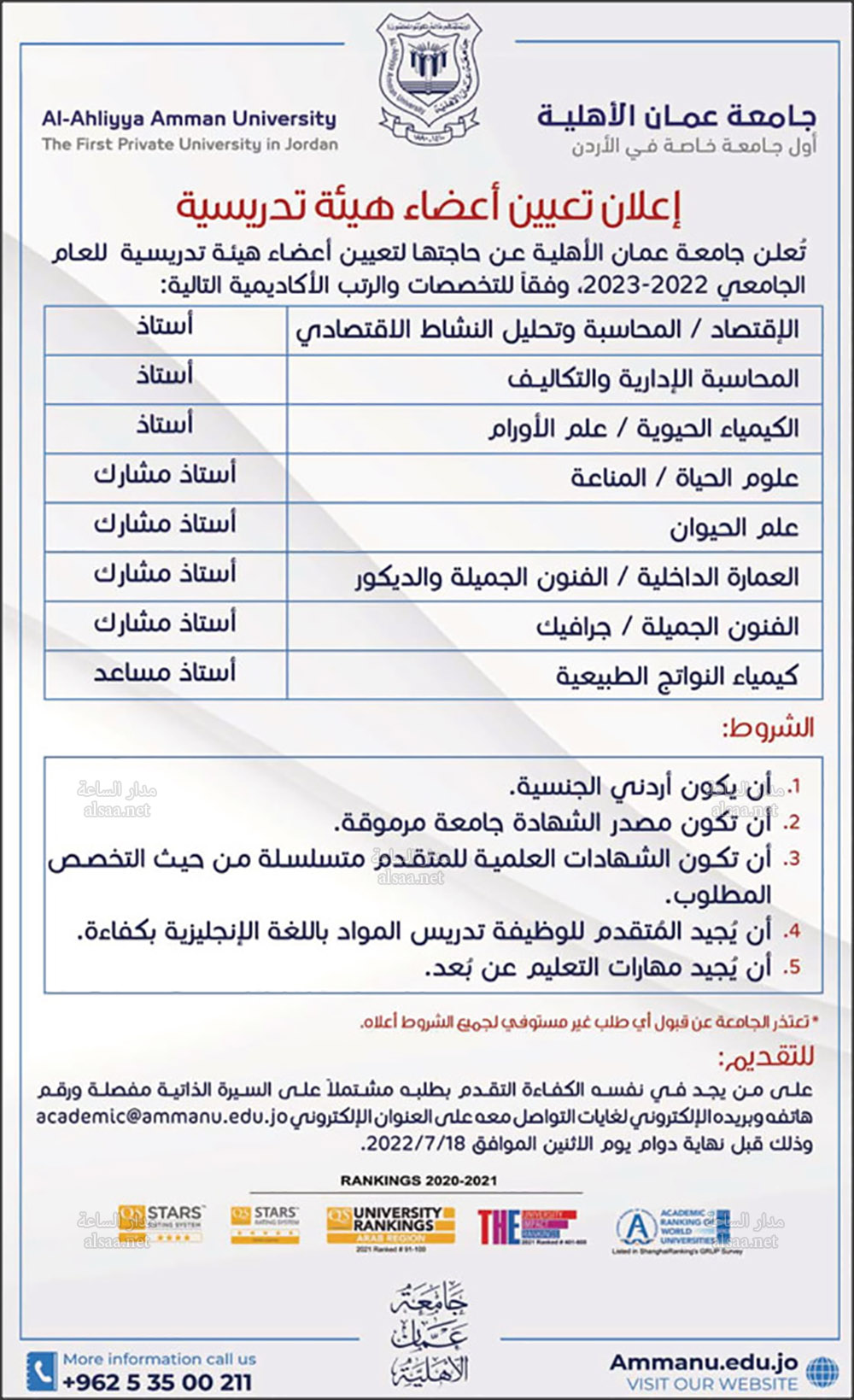 جامعة عمان الاهلية تعلن حاجتها لتعيين