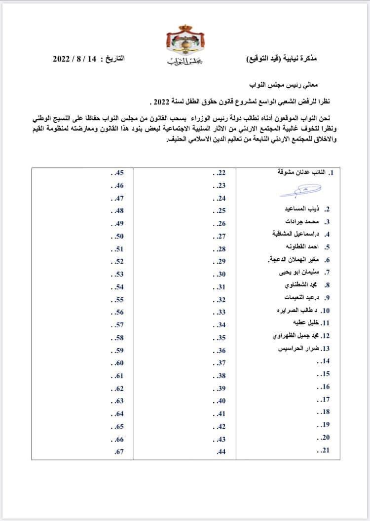 مذكرة نيابية ضد مشروع قانون الطفل