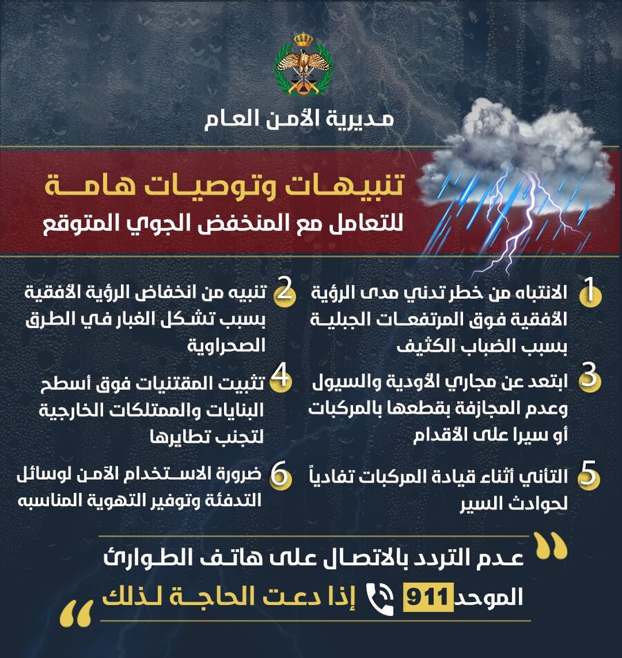 الأمن يحذر من المنخفض ويدعو لاتباع