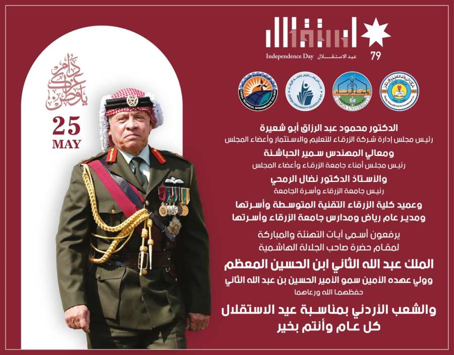 جامعة الزرقاء تهنئ الملك بعيد الاستقلال