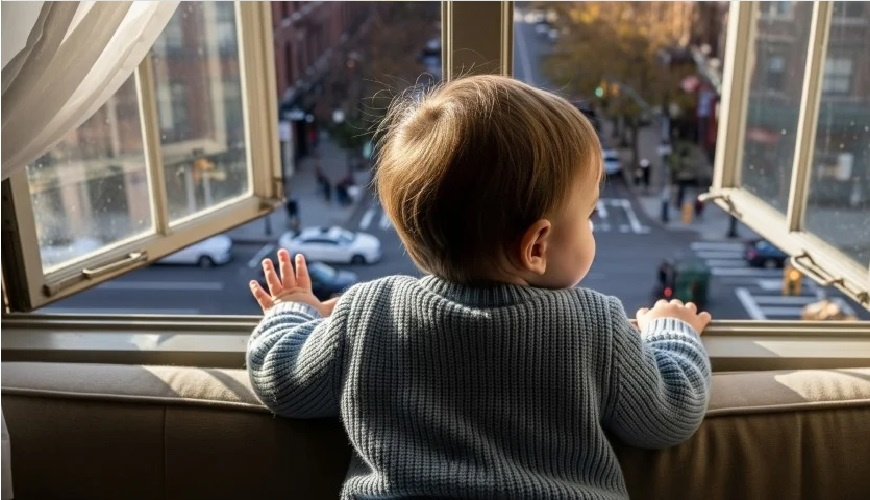 أثناء نوم والدته.. رضيع يتسلل للنافذة