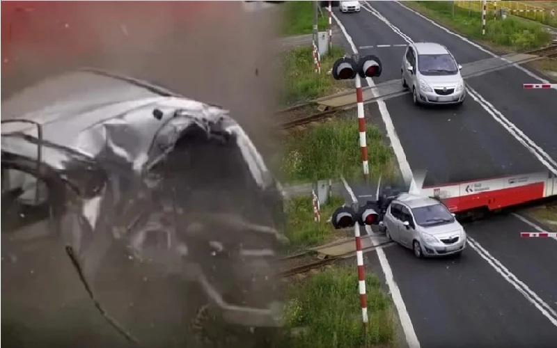 لحظة اصطدام مروعة بين قطار وسيارة