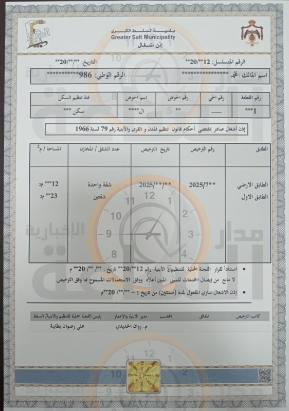 بلدية السلط الكبرى تصدر وثيقة إذن