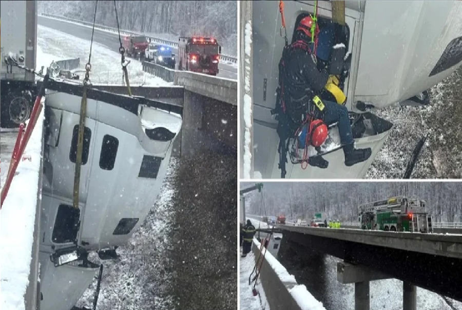 مشهد مرعب: شاحنة تتأرجح في الهواء