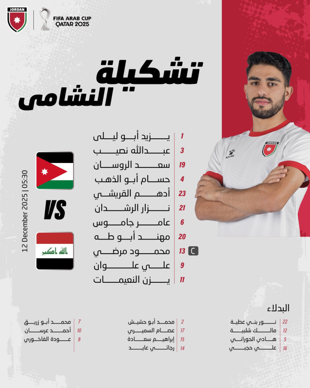 تشكيلة منتخب الأردن لمواجهة العراق ببطولة
