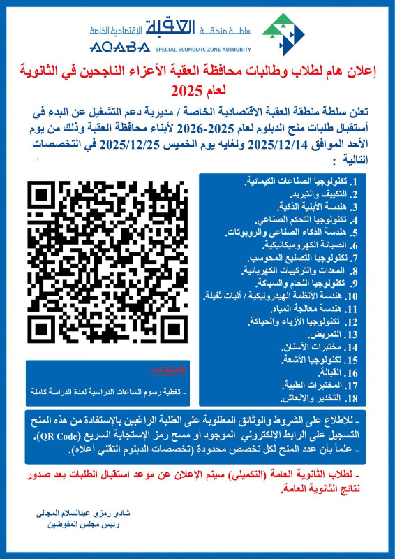 سلطة العقبة تفتح باب التقديم لمنح