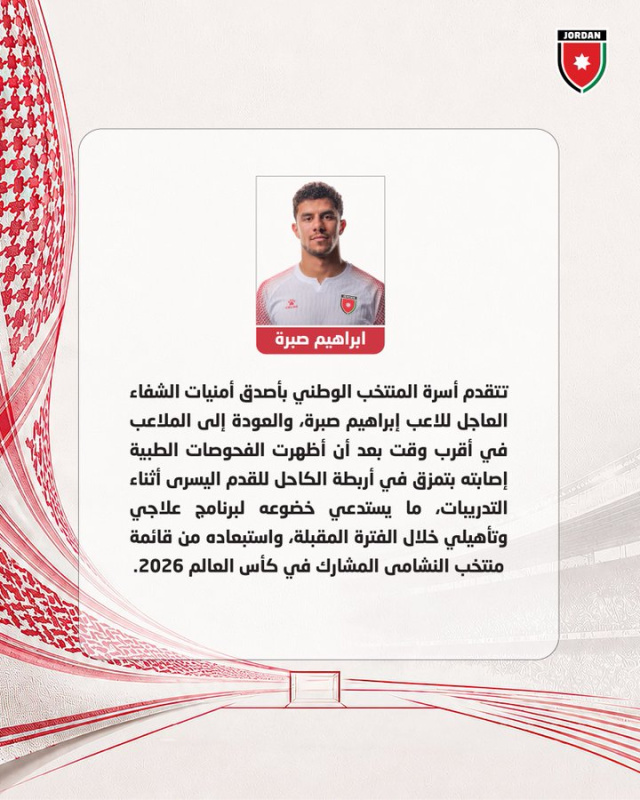 الاتحاد الأردني: إصابة اللاعب إبراهيم صبرة