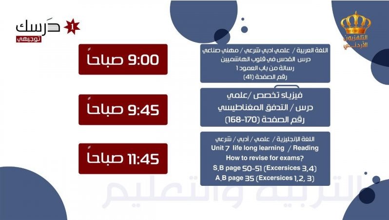 جدول حصص مواد الثانوية العامة التي