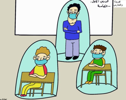كاريكاتير خولة الكردي بعنوان.. كورونا والمدارس