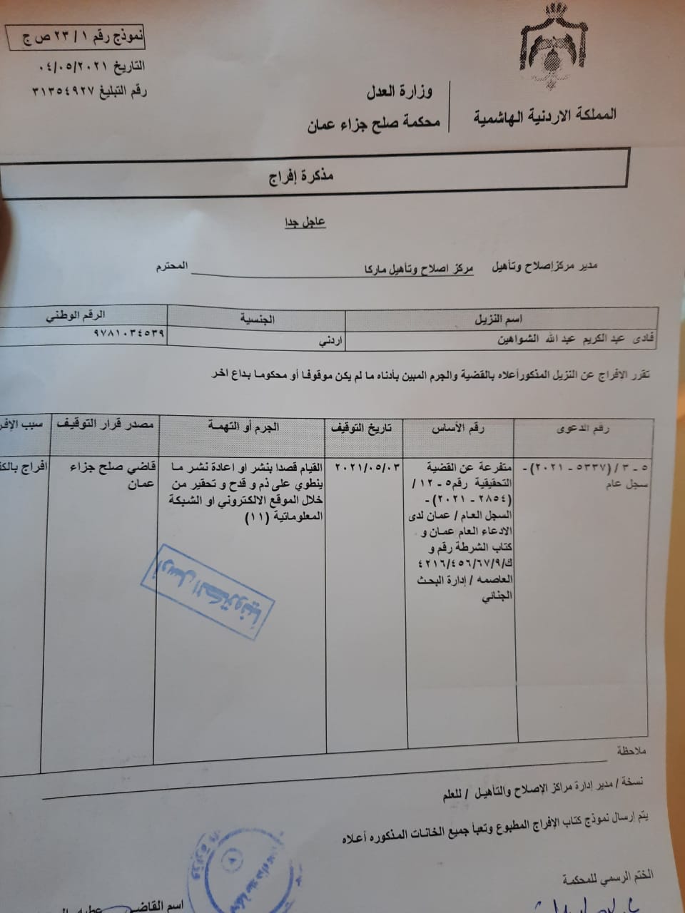 الافراج عن الاعلامي فادي الشواهين العمرو