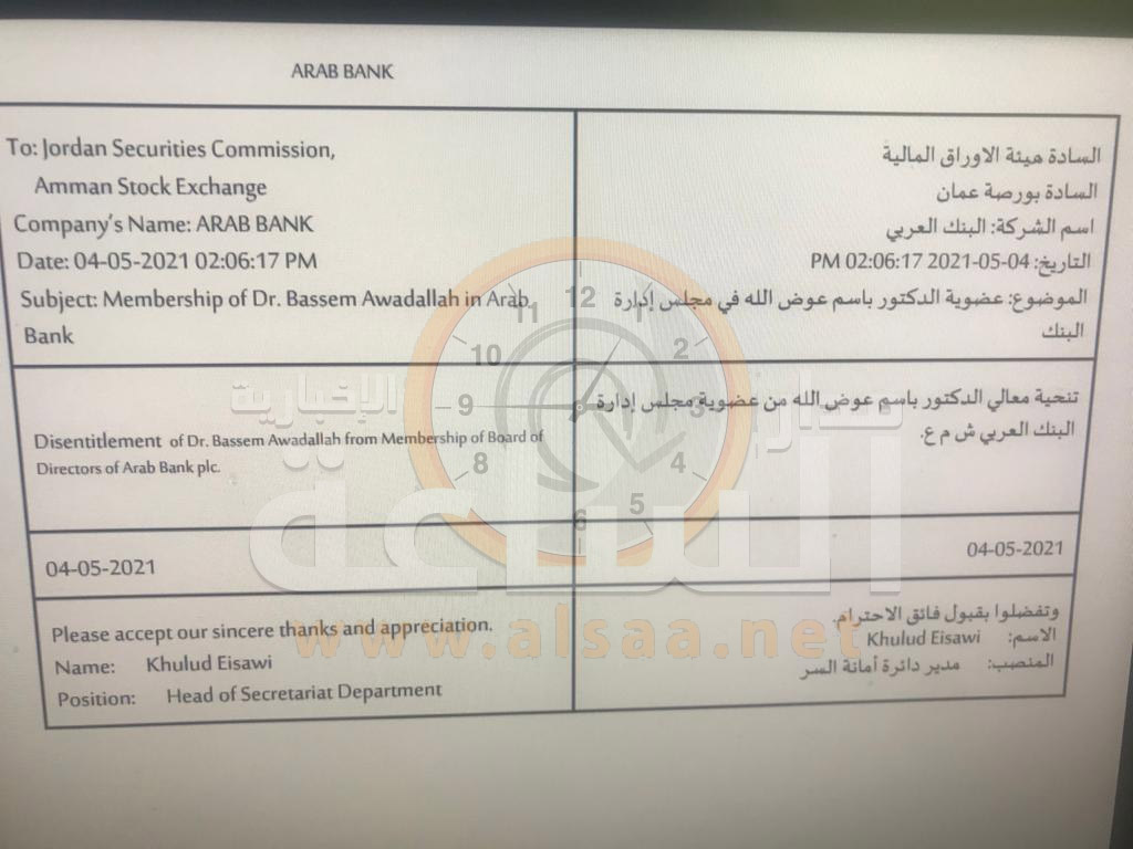 تنحية باسم عوض الله من مجلس