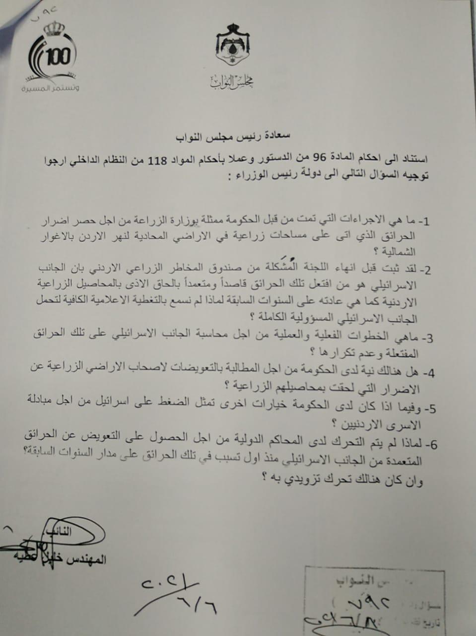 عطية يوجيه سؤال إلى رئيس الوزراء