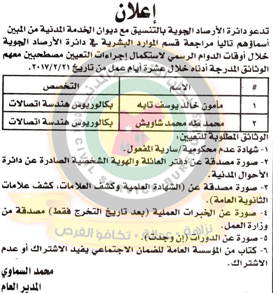 مدعوون للتعيين في «الأرصاد» و«رابية الكورة»..