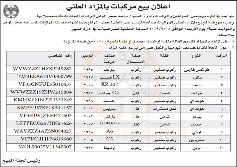 مركبات للبيع بالمزاد العلني