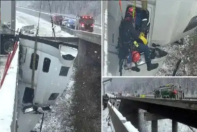 مشهد مرعب: شاحنة تتأرجح في الهواء