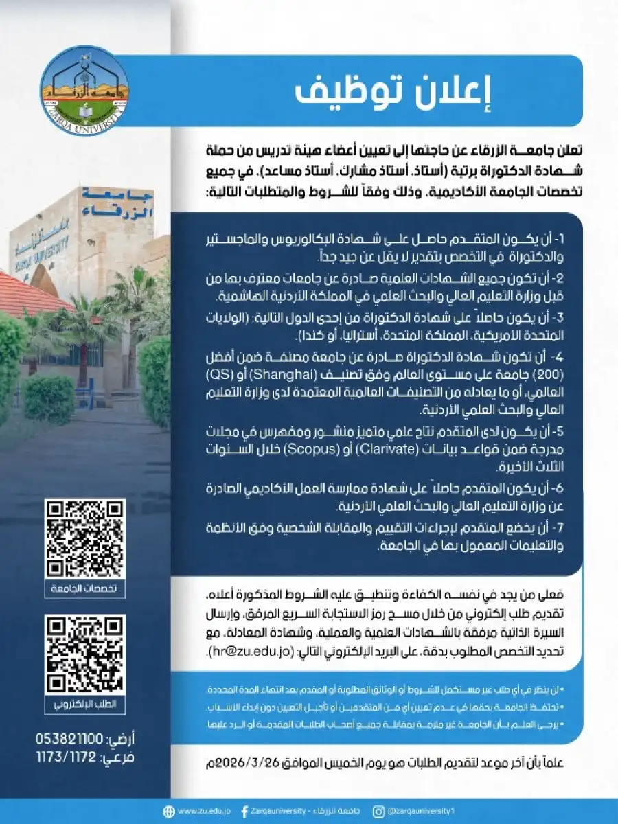 مدار الساعة,أخبار الجامعات الأردنية,وظائف شاغرة في الأردن,جامعة الزرقاء