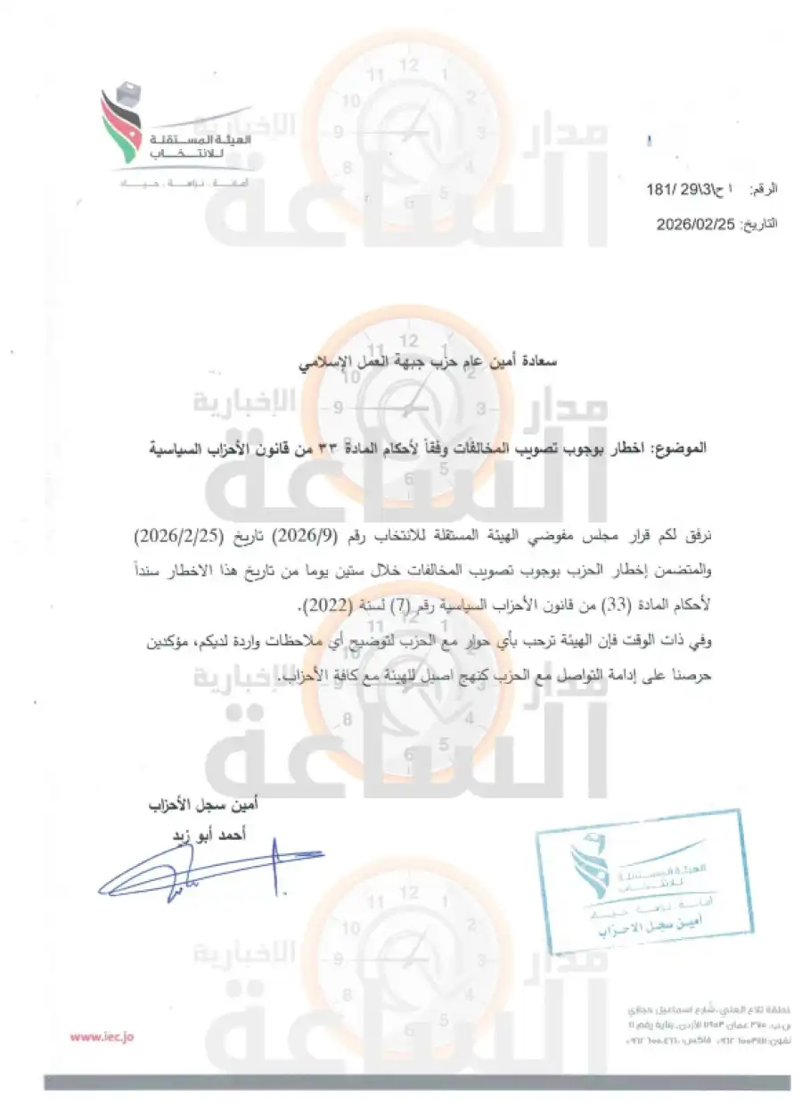 مدار الساعة,أخبار الأردن,اخبار الاردن,أخبار الأحزاب الأردنية,الهيئة المستقلة للانتخاب,حزب جبهة العمل الإسلامي