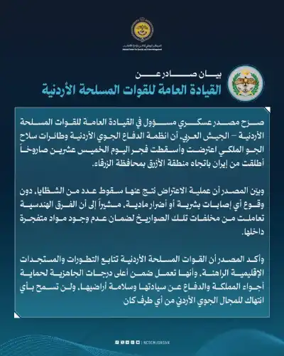 الجيش الأردني: اعترضنا وأسقطنا عشرين صاروخا