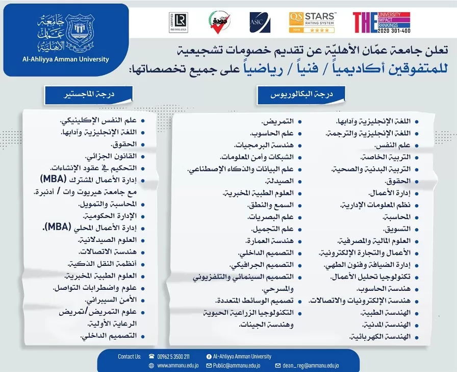 عمان الأهلية تقدم خصومات تشجيعية للمتفوقين